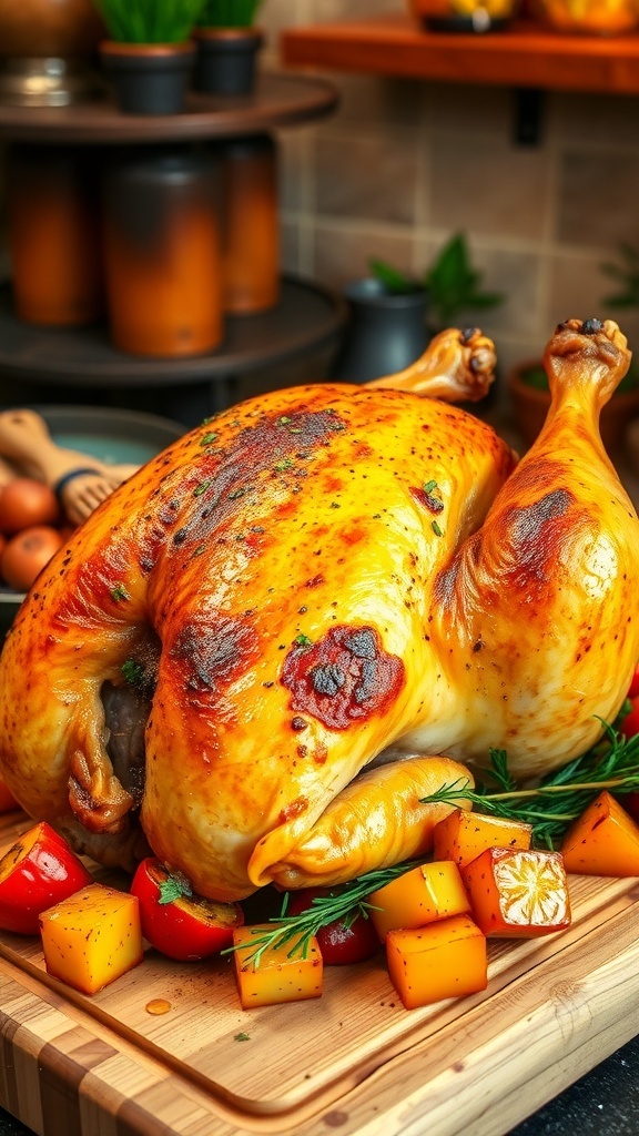 Oven Roasted 5lb Chicken Cooking Time A golden roasted 5lb chicken on a cutting board, garnished with herbs and surrounded by vegetables.